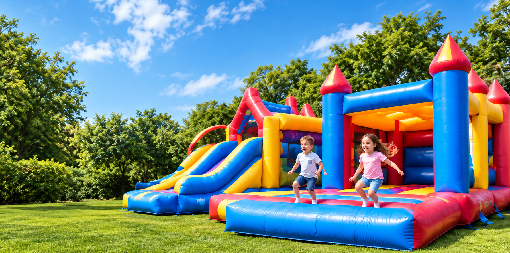 Children running on a colourful bouncy castle in the garden