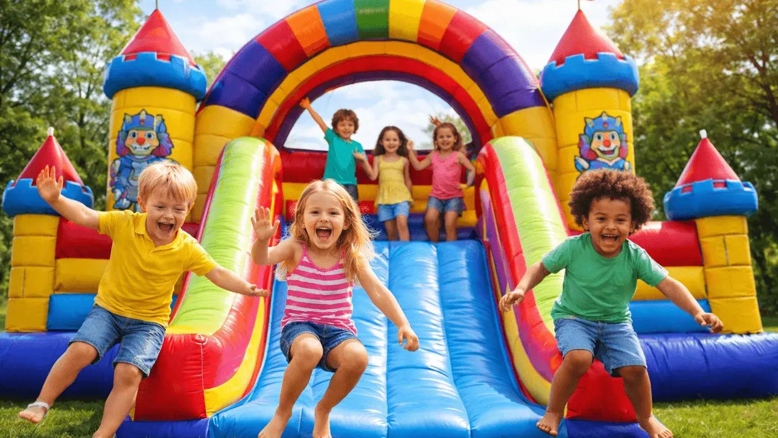 Kids playing on a colourful inflatable